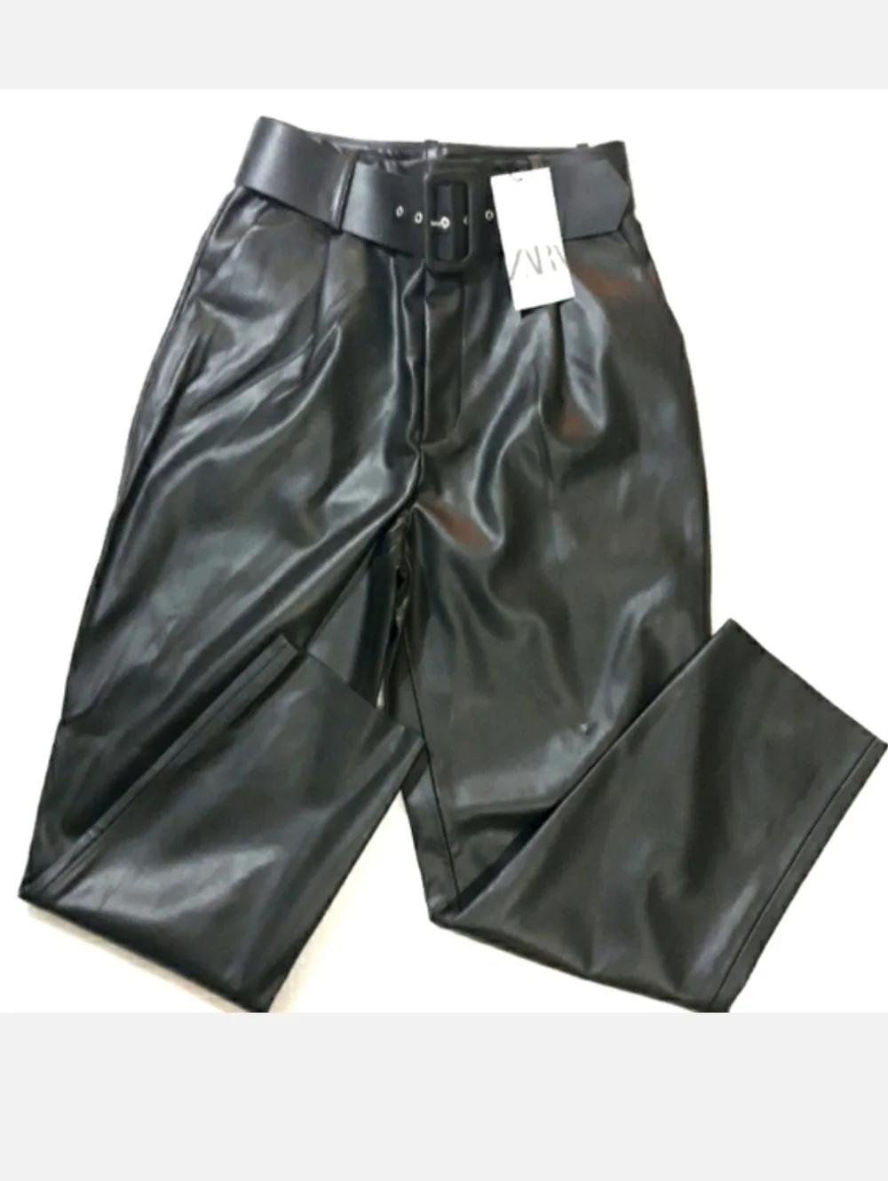 ZARA * FAUX LEATHER BELTED PANTS BLACK Size XS